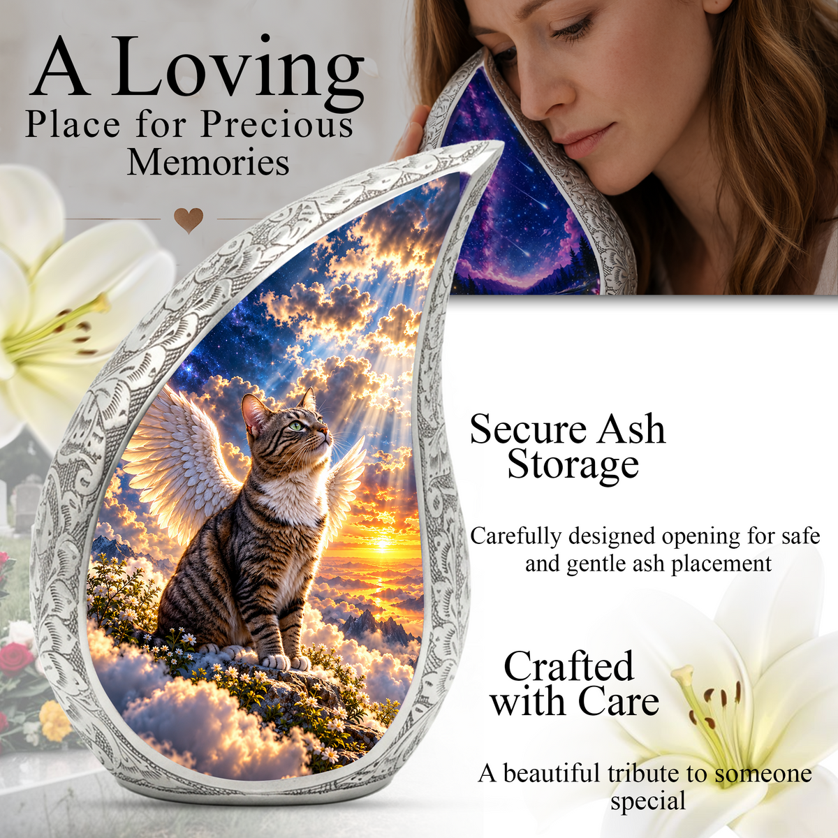 Angel Cat Cremation Urn for Ashes, Winged Cat Memorial Urn, Adult Aluminum Urn