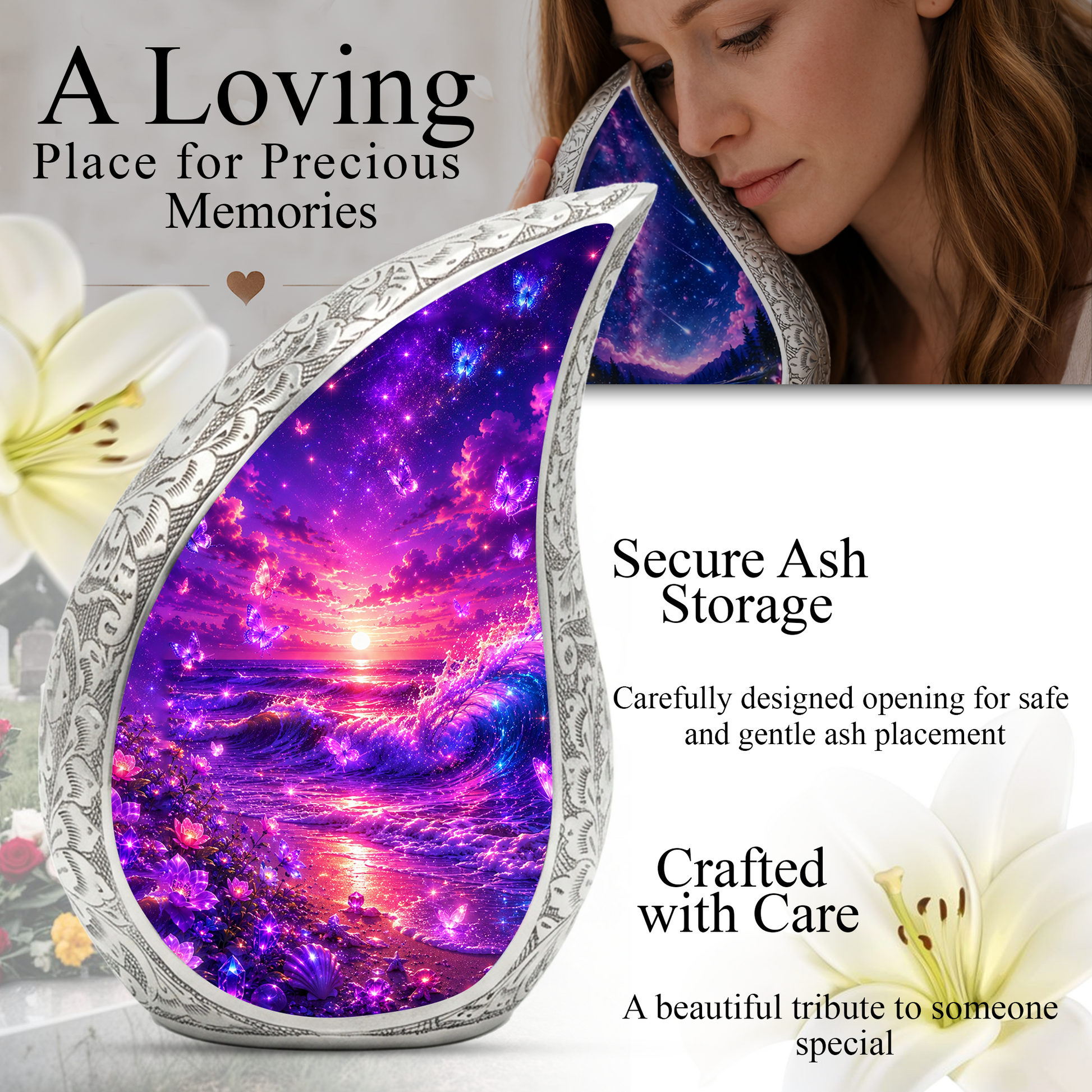Neon Ocean Butterfly Beach Cremation Urn for Adult Ashes – Beautiful Beach-Themed Urn for Human Ashes
