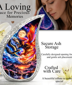 Dragon and Phoenix Cremation Urn for Ashes, Mythical Bird Adult Memorial Urn