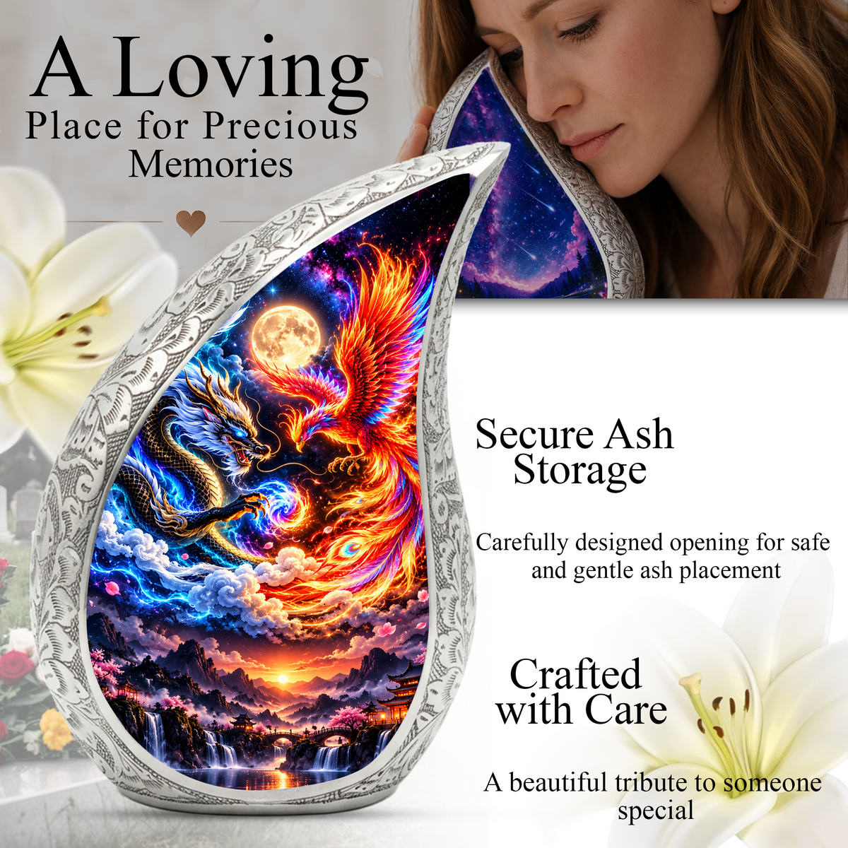 Dragon and Phoenix Cremation Urn for Ashes, Mythical Bird Adult Memorial Urn