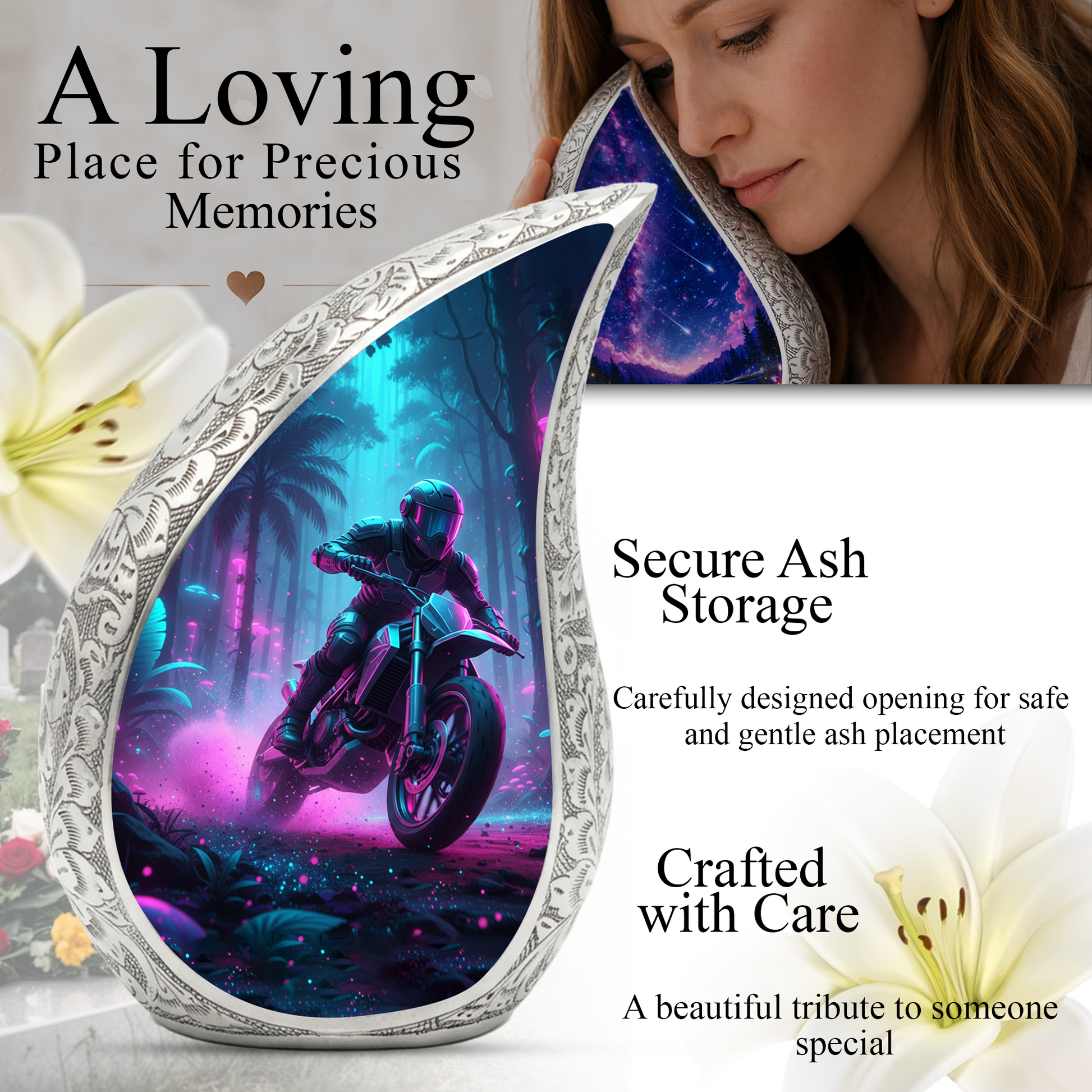 Motorcycle Personalized Cremation Urn for Dad – Teardrop Style Aluminum Memorial Urn, 10 Inch |