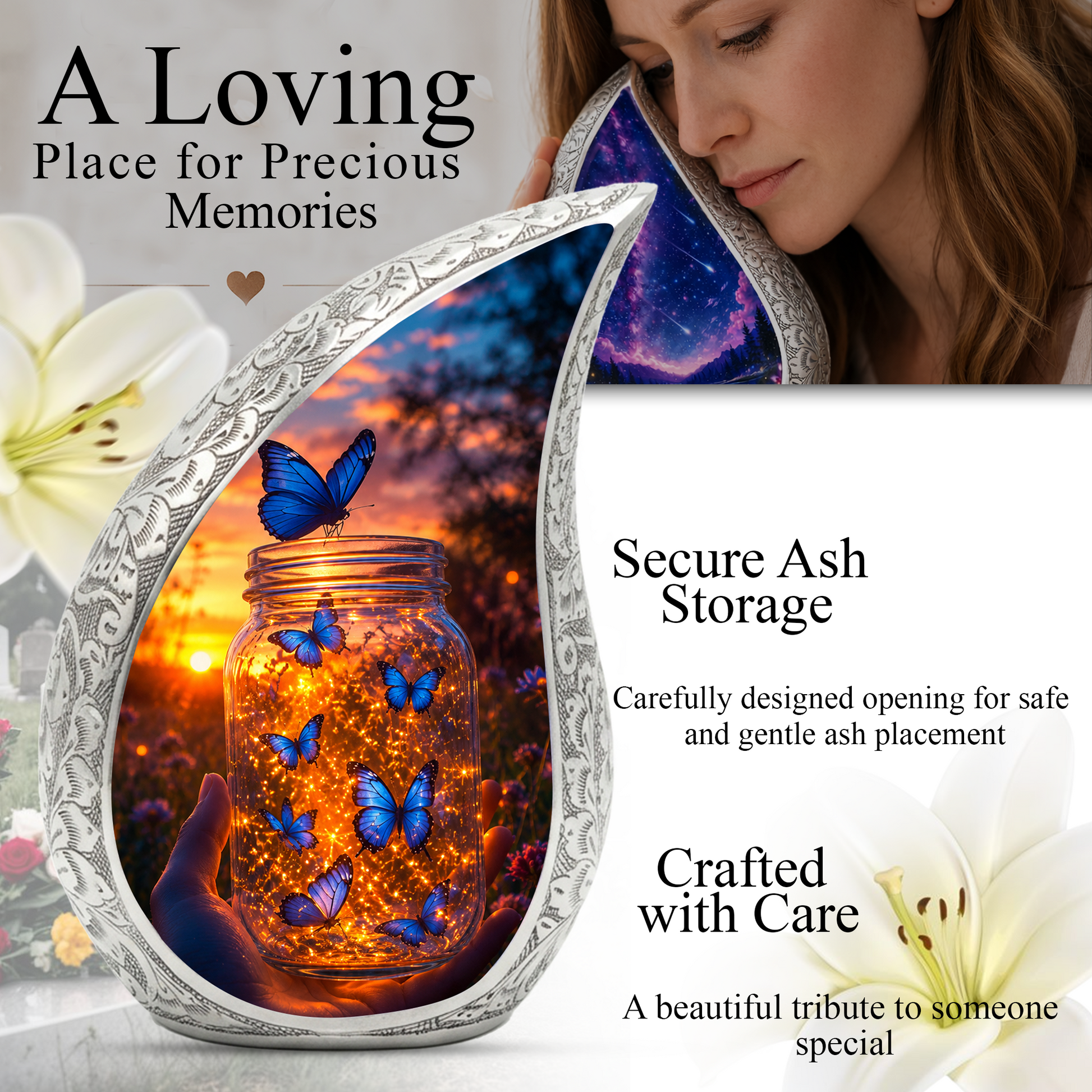 Golden Butterfly Urn for Human Ashes | Butterfly Cremation Memorial Urn