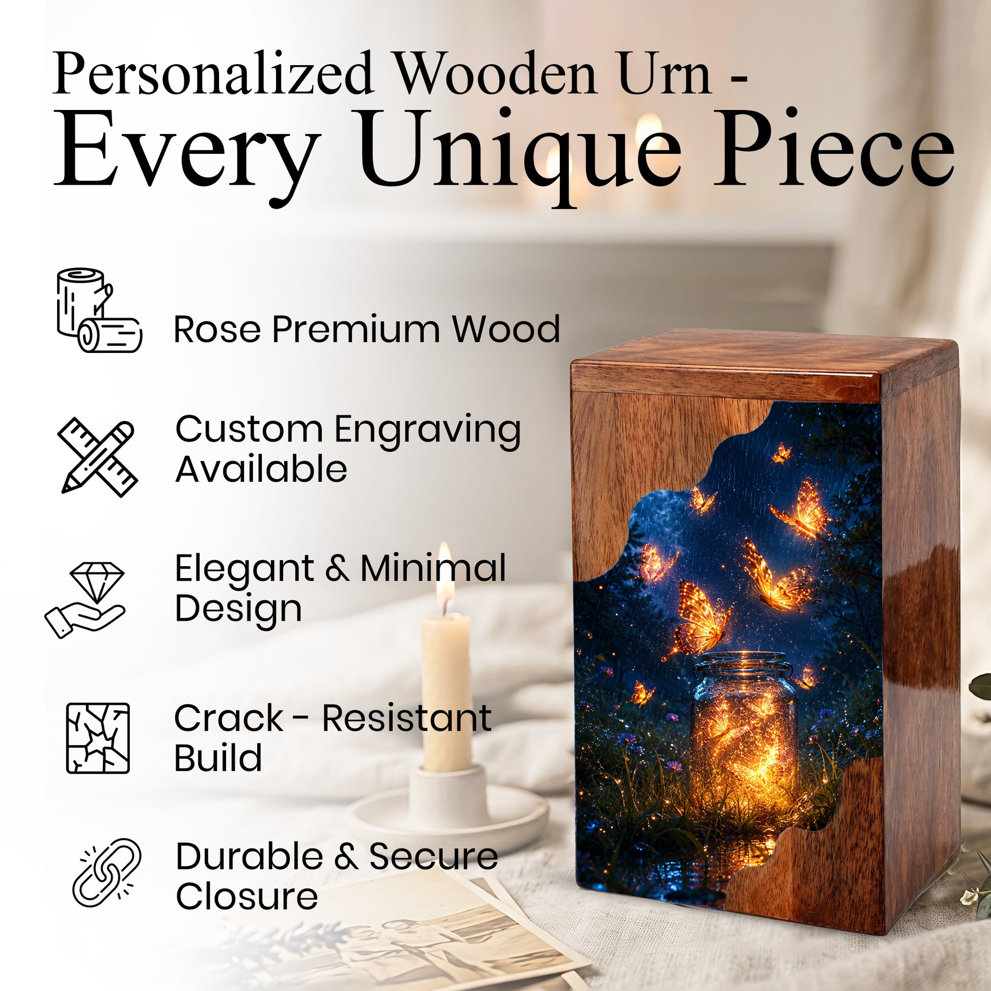 Butterfly Wooden Cremation Urn – Glowing Butterfly Memorial Urn for Human Ashes