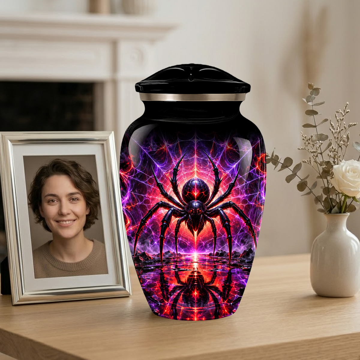 Black Spider Cremation Urn – Gothic Spider Web Adult Memorial Urn for Ashes