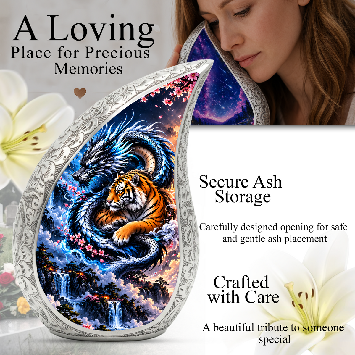 Dragon and Tiger Cremation Urn for Ashes, Asian Mythical Animal Memorial Urn