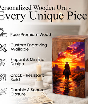 Western Cowboy Wooden Cremation Urn – Sunset Horse Memorial Urn for Human Ashes