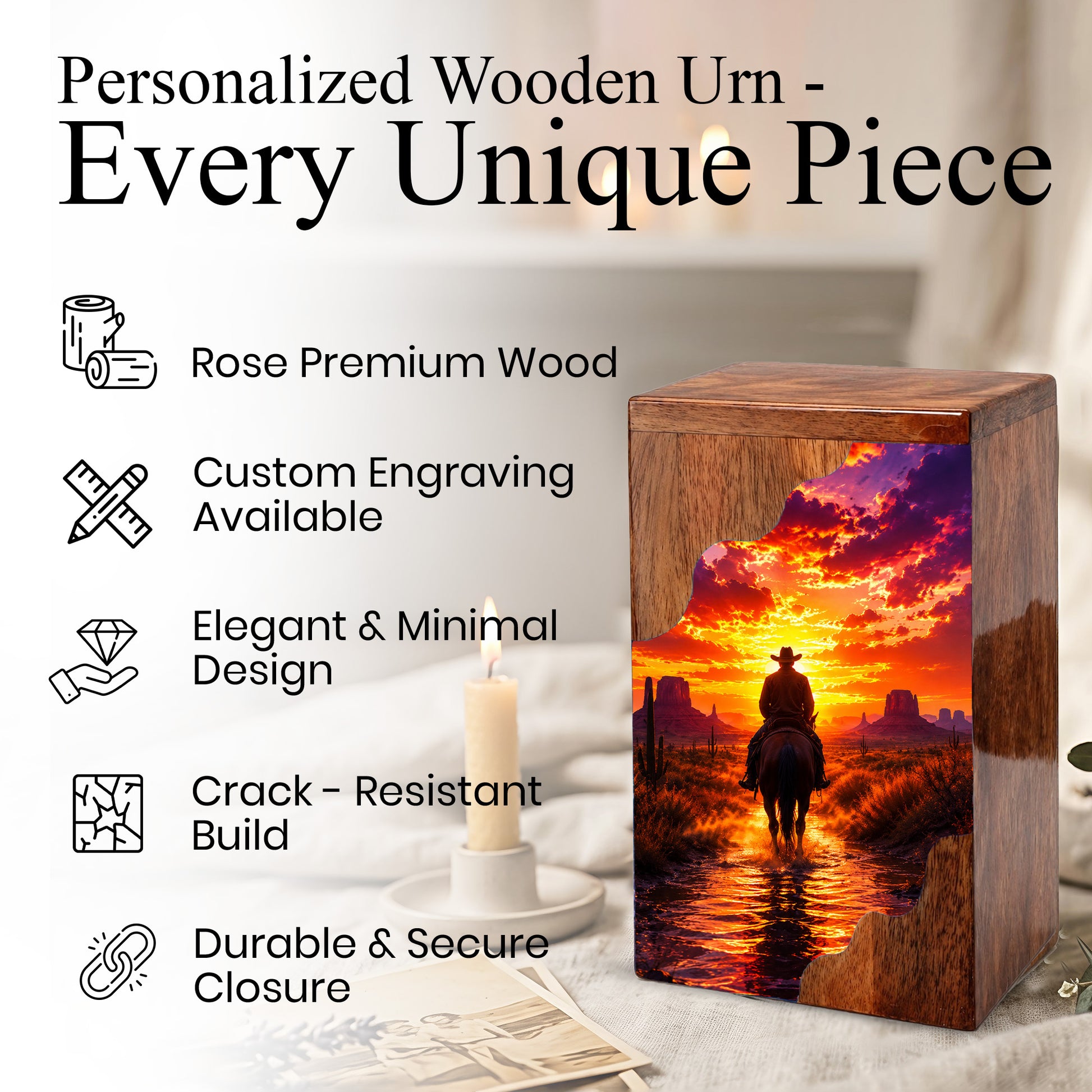Western Cowboy Wooden Cremation Urn – Sunset Horse Memorial Urn for Human Ashes