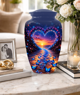 Blue Butterfly Cremation Urn for Ashes - Heart Beach Sunset Keepsake Urns