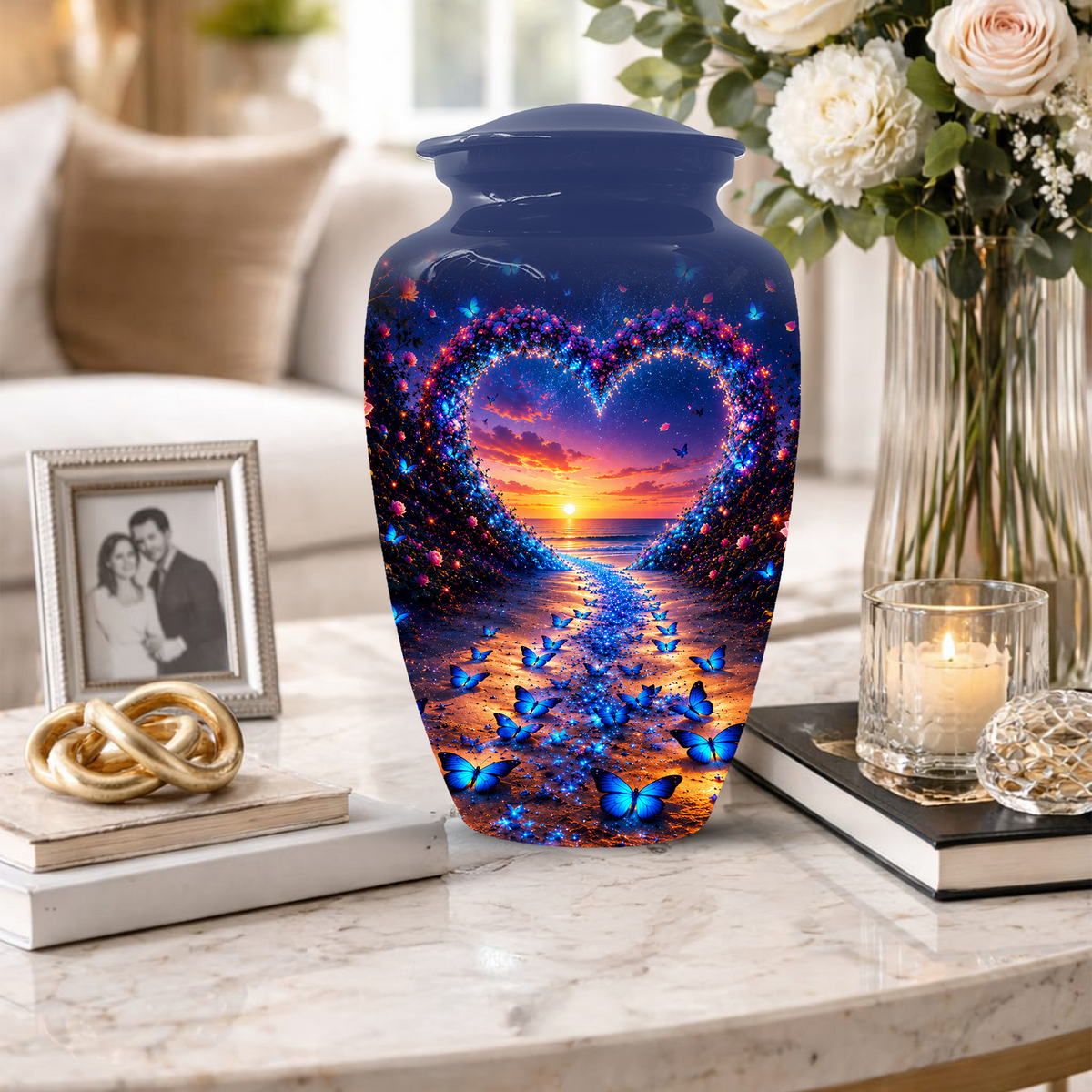 Blue Butterfly Cremation Urn for Ashes - Heart Beach Sunset Keepsake Urns