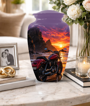 Motorcycle Urn for Dad Ashes -Beach Sunset Memorial Keepsake Urns for Men