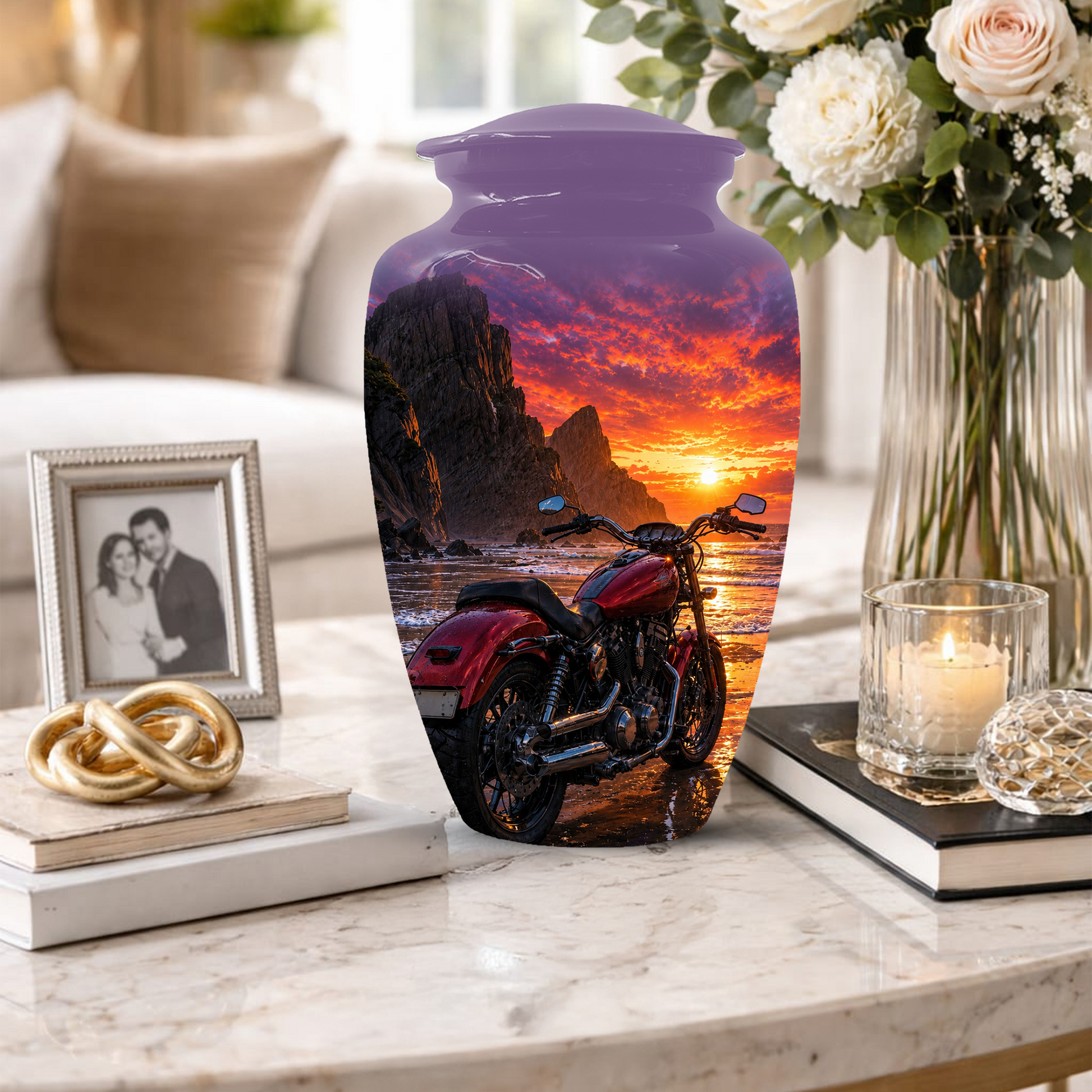 Motorcycle Urn for Dad Ashes -Beach Sunset Memorial Keepsake Urns for Men