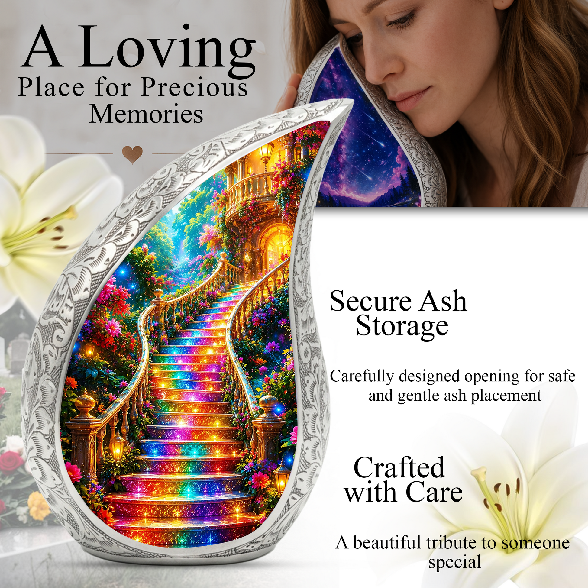 Rainbow Stairway to Heaven Urn for Mom, Personalized Cremation Urn for Ashe