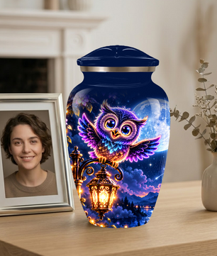 Owl Cremation Urn for Adult Ashes, Colorful Owl Under Moonlight Adult Urn for Human Ashes
