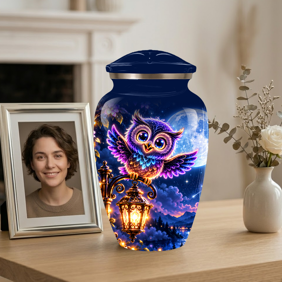 Owl Cremation Urn for Adult Ashes, Colorful Owl Under Moonlight Adult Urn for Human Ashes