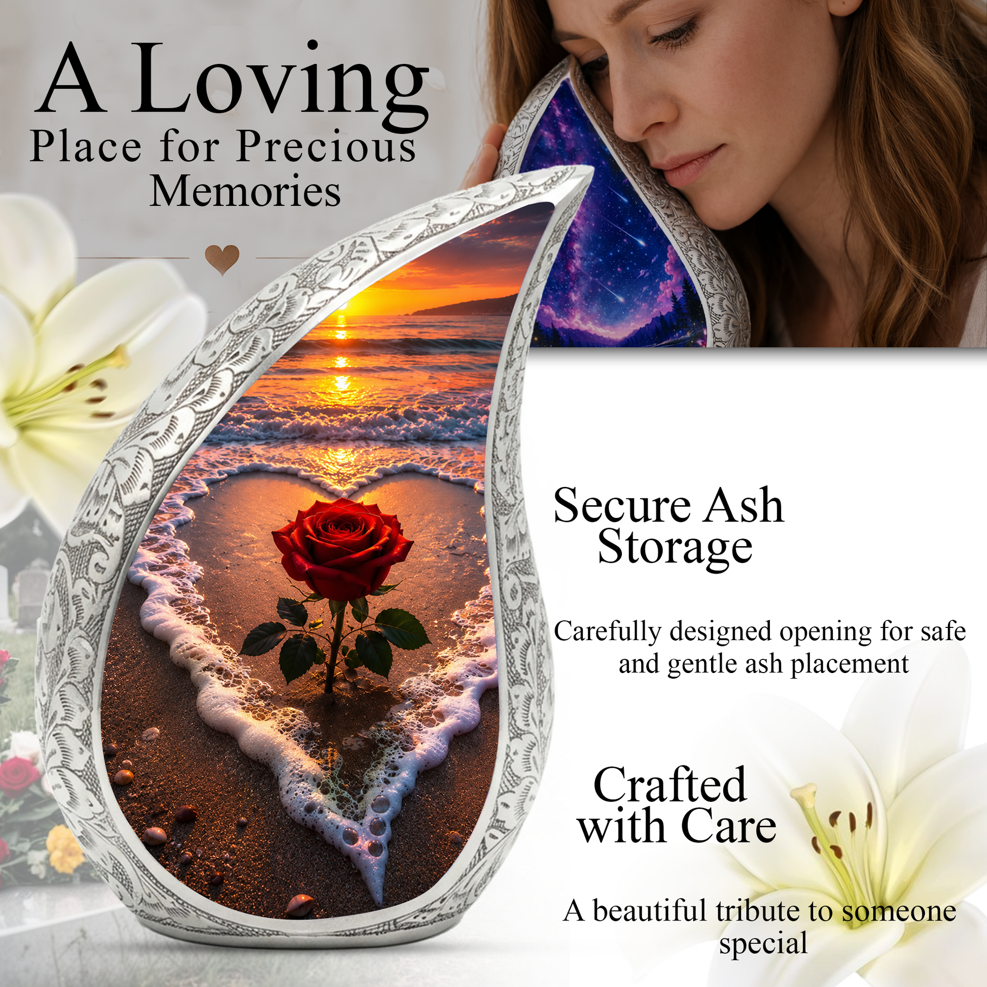 Beach Rose Cremation Urn for Human Ashes | Ocean Sunset Beach Themed Memorial Urn