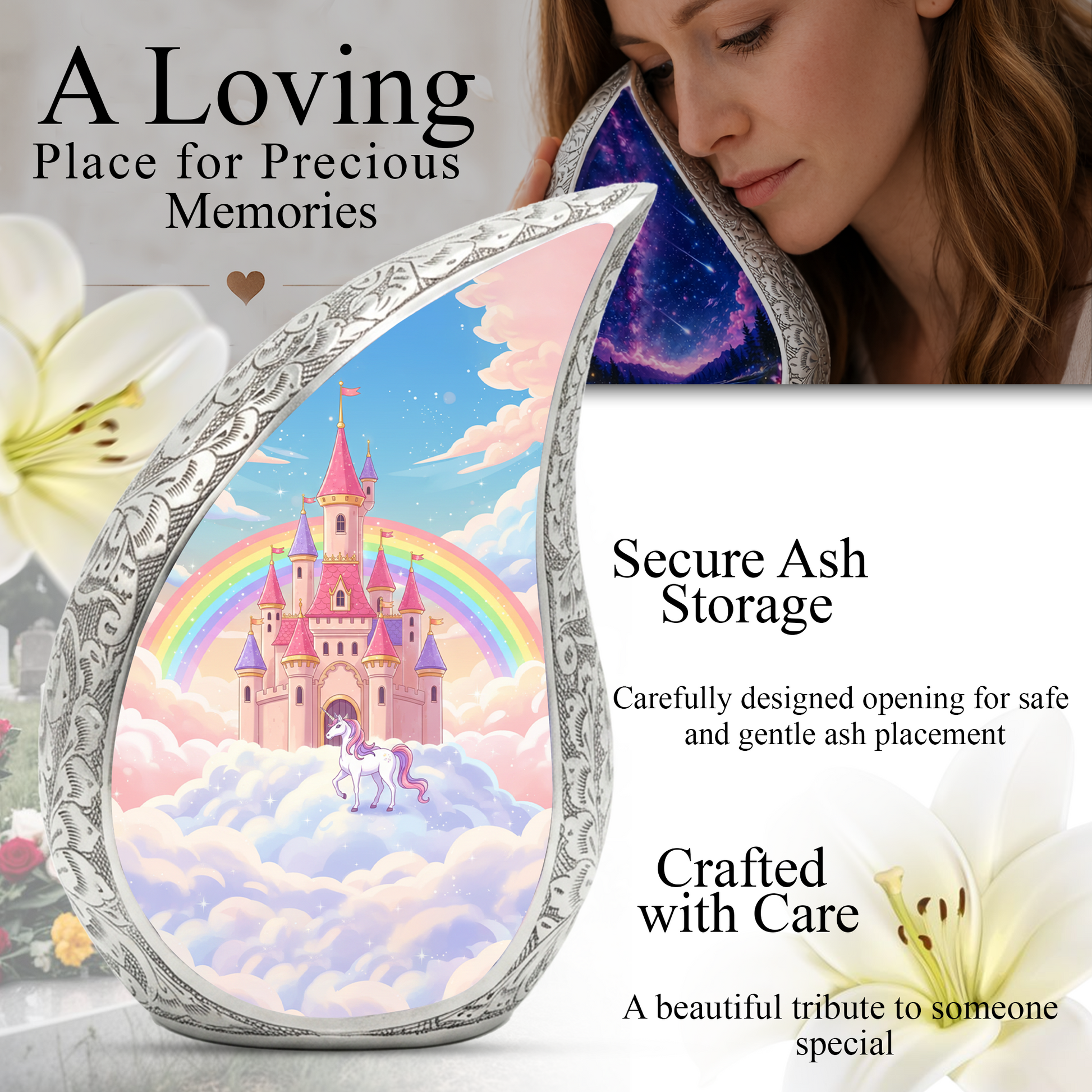 Rainbow Castle Unicorn Memorial Urn | Child Keepsake Urn | Baby Memorial Urn for Ashes