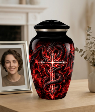 Red Dragon Cremation Urn – Dragon & Cross Adult Memorial Urn for Ashes