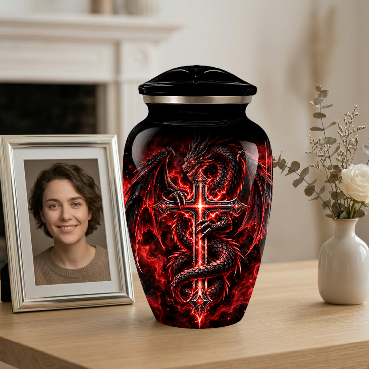 Red Dragon Cremation Urn – Dragon & Cross Adult Memorial Urn for Ashes
