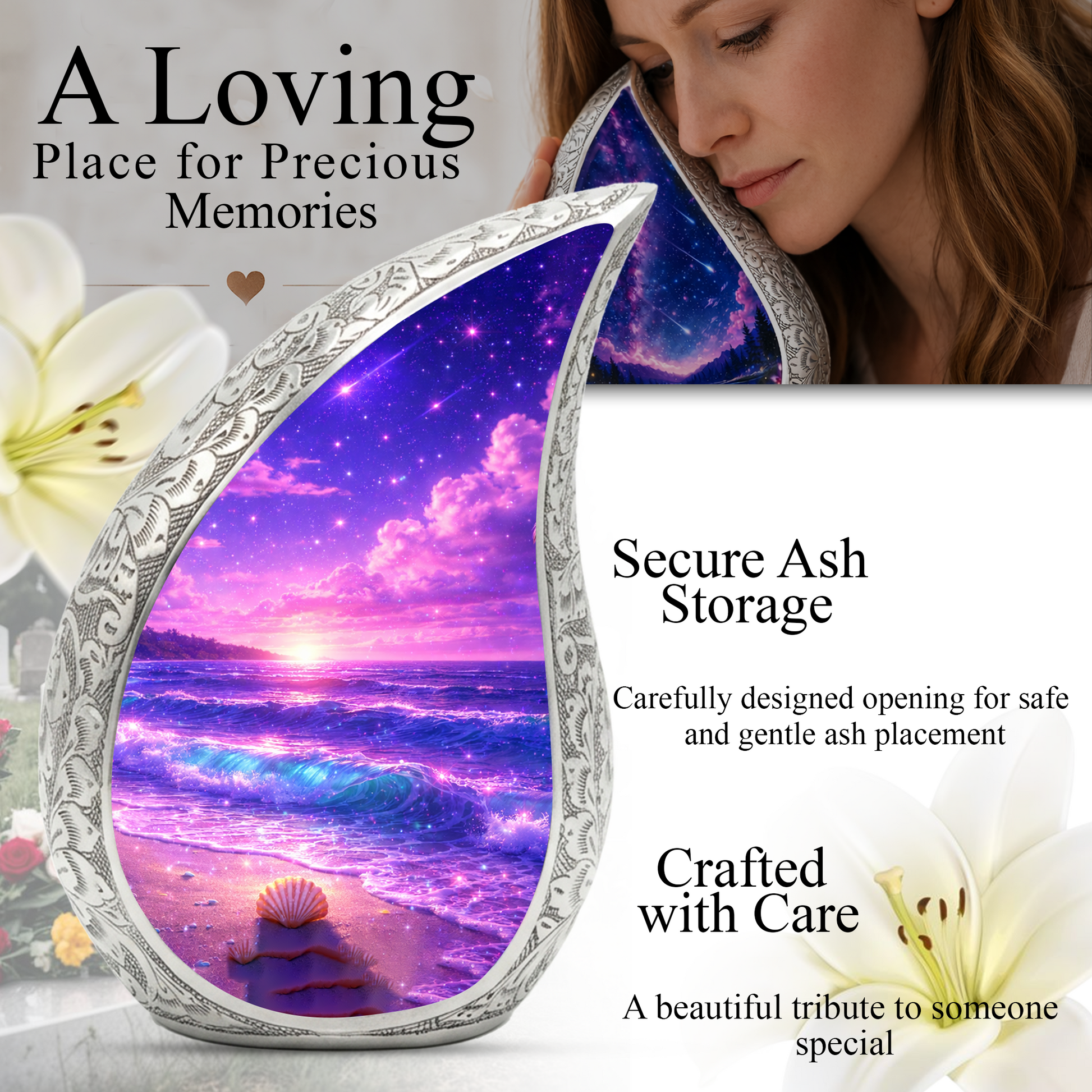 Purple Ocean Memorial Urn for Ashes, Adult Cremation Urn