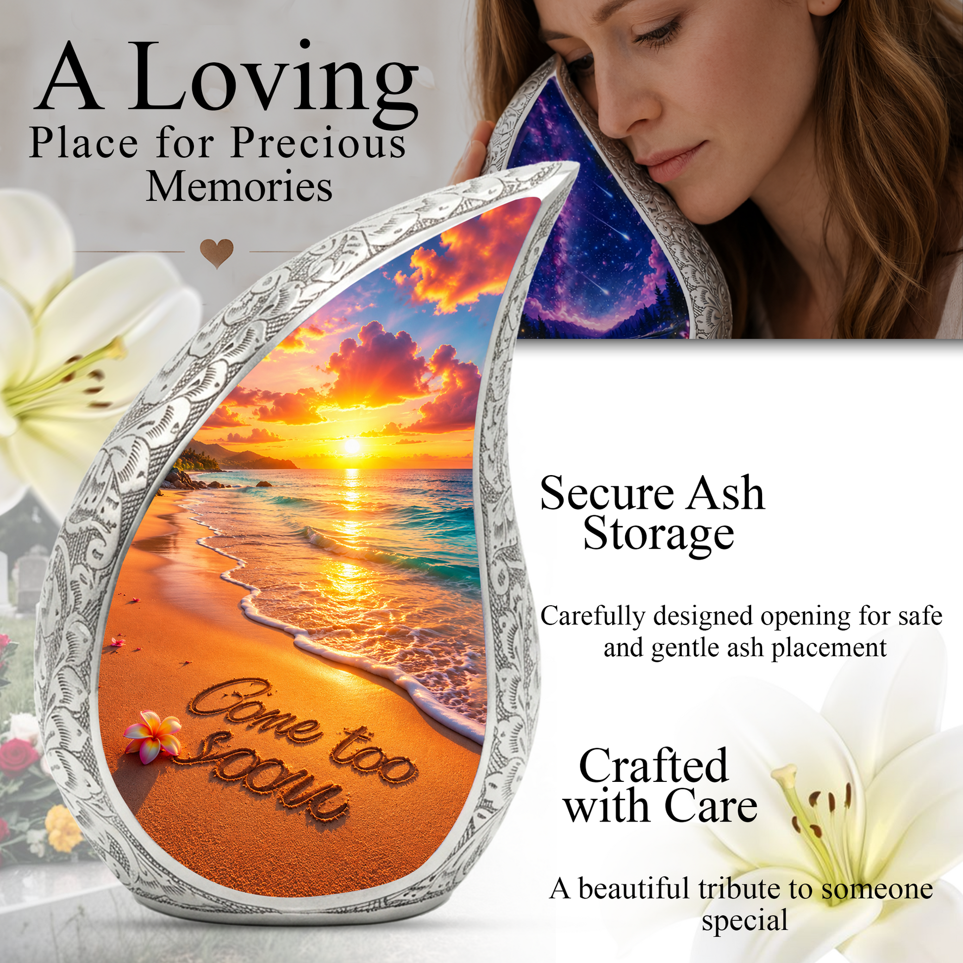 Beach Sunset Adult Cremation Urn for Mom – Personalized Memorial Urn for Human Ashes | Ocean Funeral Urn for Women
