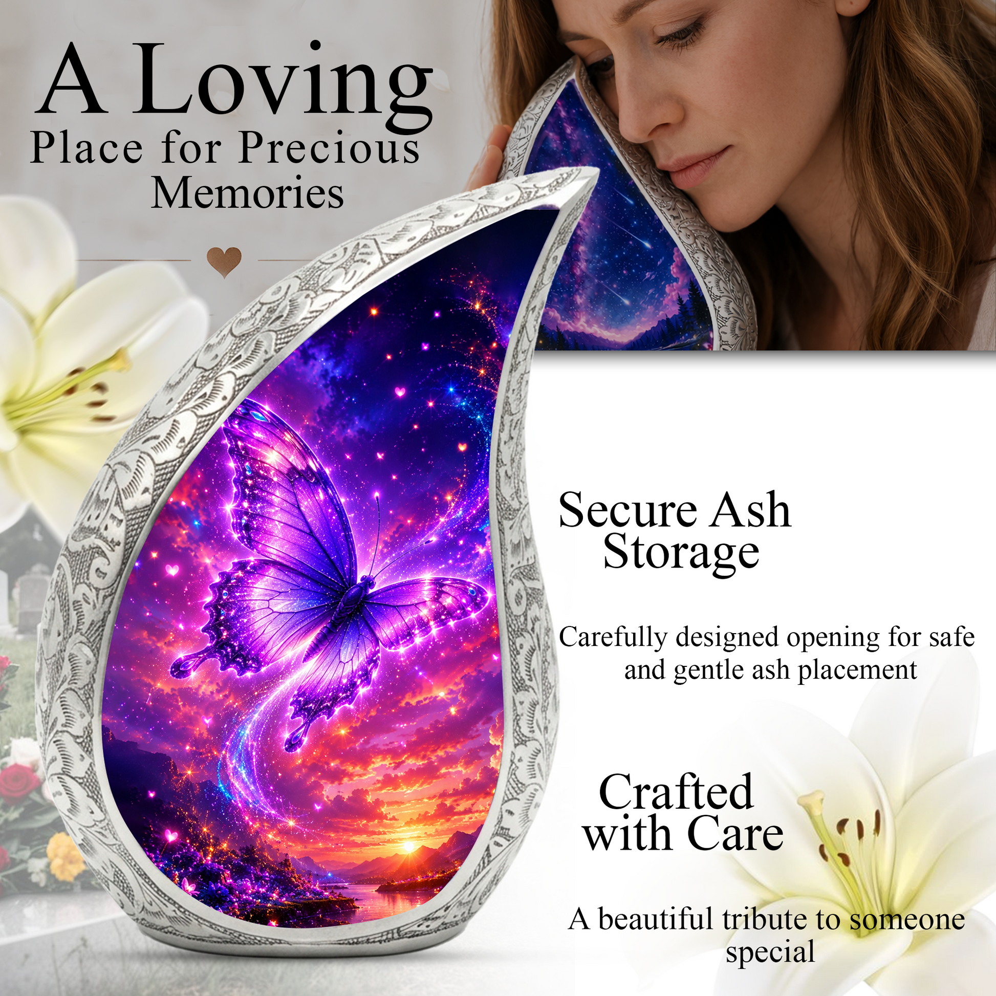 Purple Butterfly Sunset Urn for Human Ashes | Beautiful Butterfly Cremation Urn