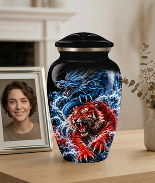 Personalized Adult Cremation Urn for Ashes, Custom Dragon and Tiger Memorial Urn, Blue Dragon Red Tiger Artwork
