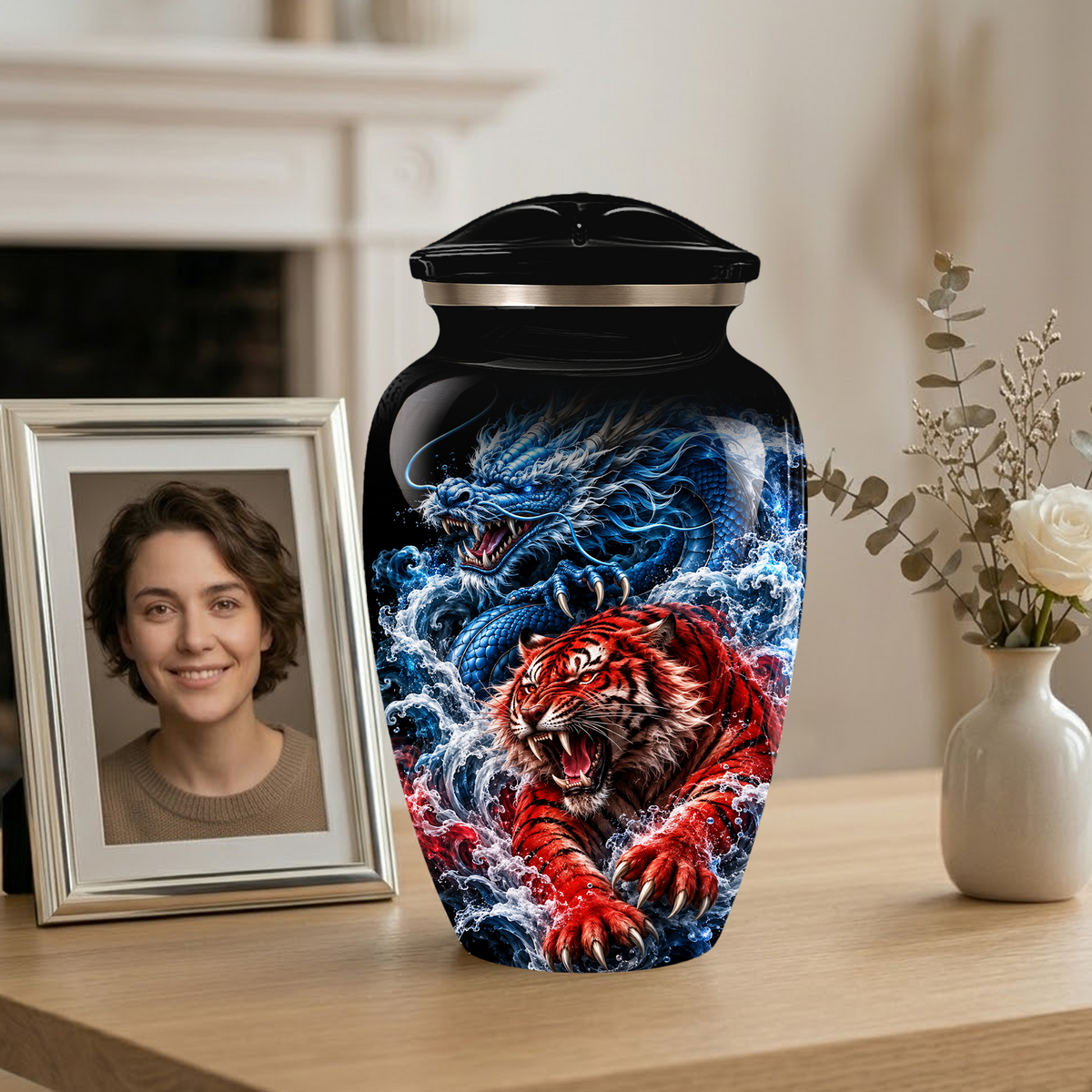 Personalized Adult Cremation Urn for Ashes, Custom Dragon and Tiger Memorial Urn, Blue Dragon Red Tiger Artwork