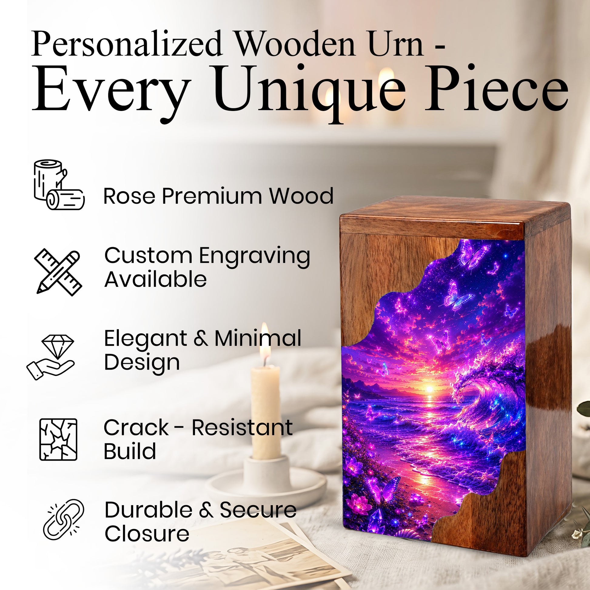 Butterfly Ocean Wooden Cremation Urn – Beach Theme Wooden Urn for Human Ashes
