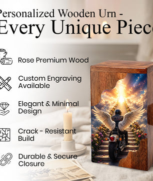 Motorcycle Heaven Wooden Cremation Urn – Ride Into Heaven Memorial Urn for Human Ashes