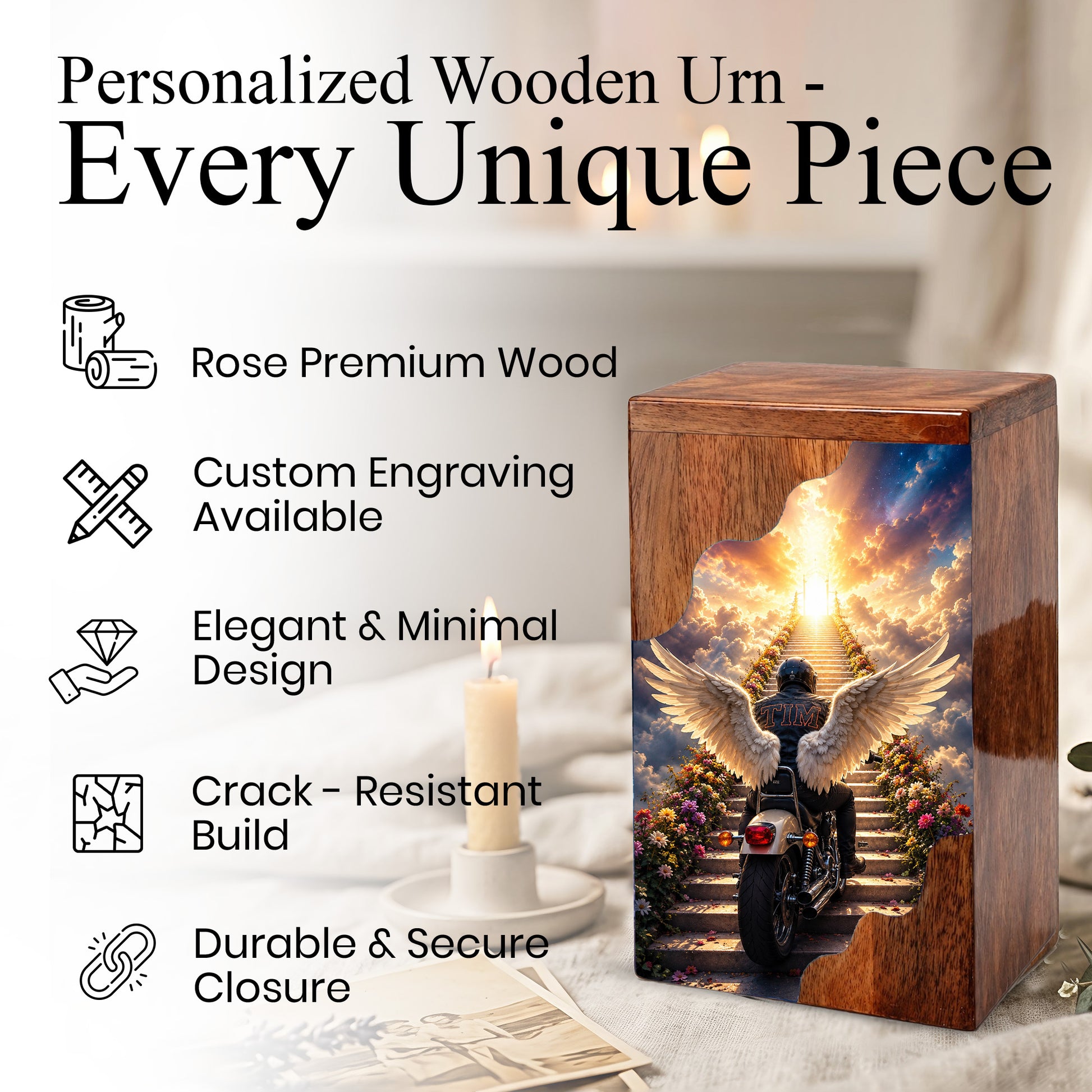 Motorcycle Heaven Wooden Cremation Urn – Ride Into Heaven Memorial Urn for Human Ashes