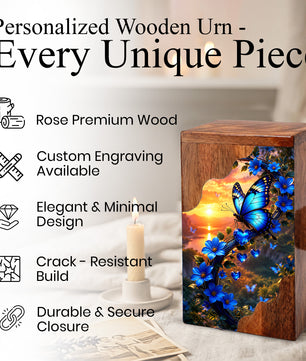 Blue Butterfly Wooden Cremation Urn – Floral Memorial Urn for Human Ashes