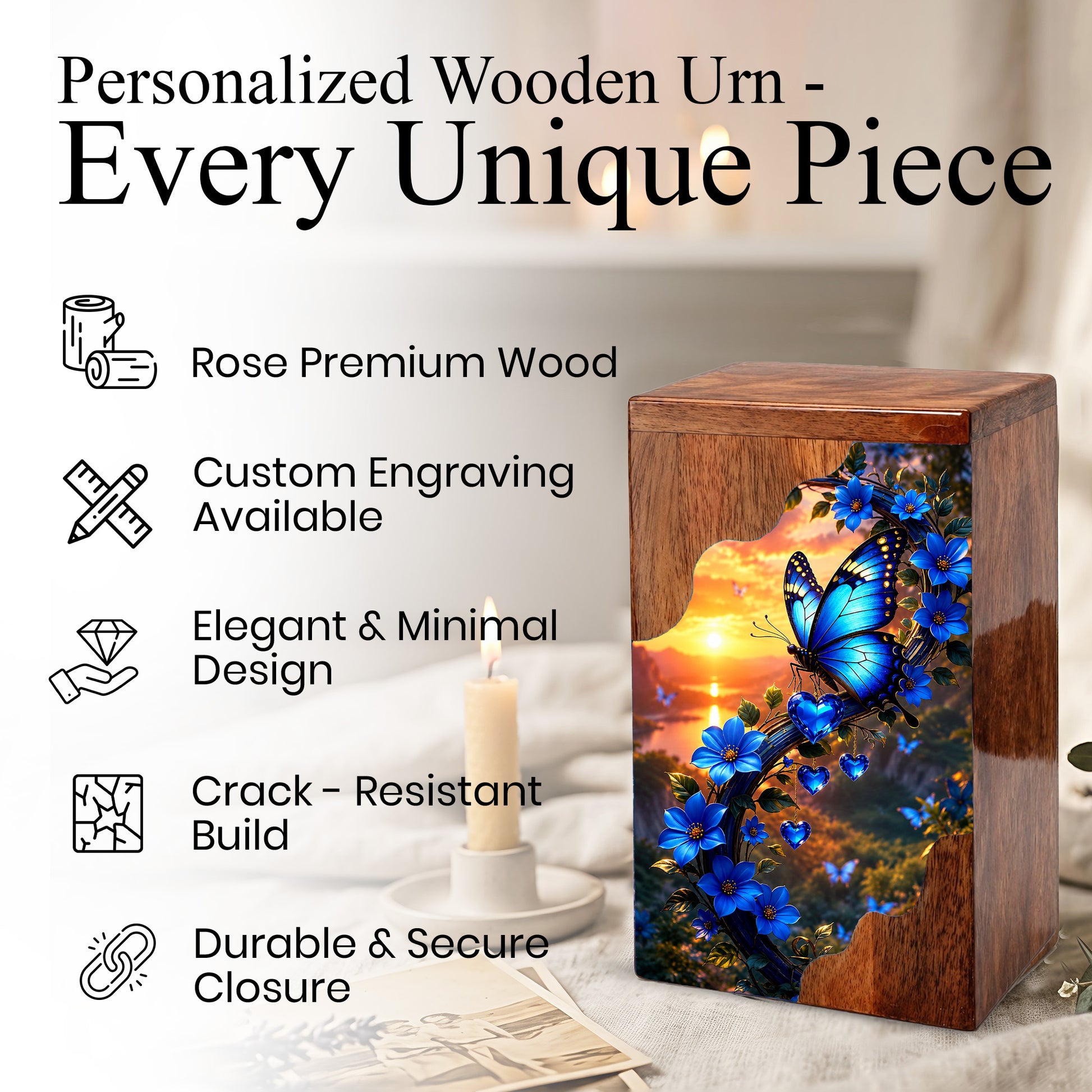 Blue Butterfly Wooden Cremation Urn – Floral Memorial Urn for Human Ashes