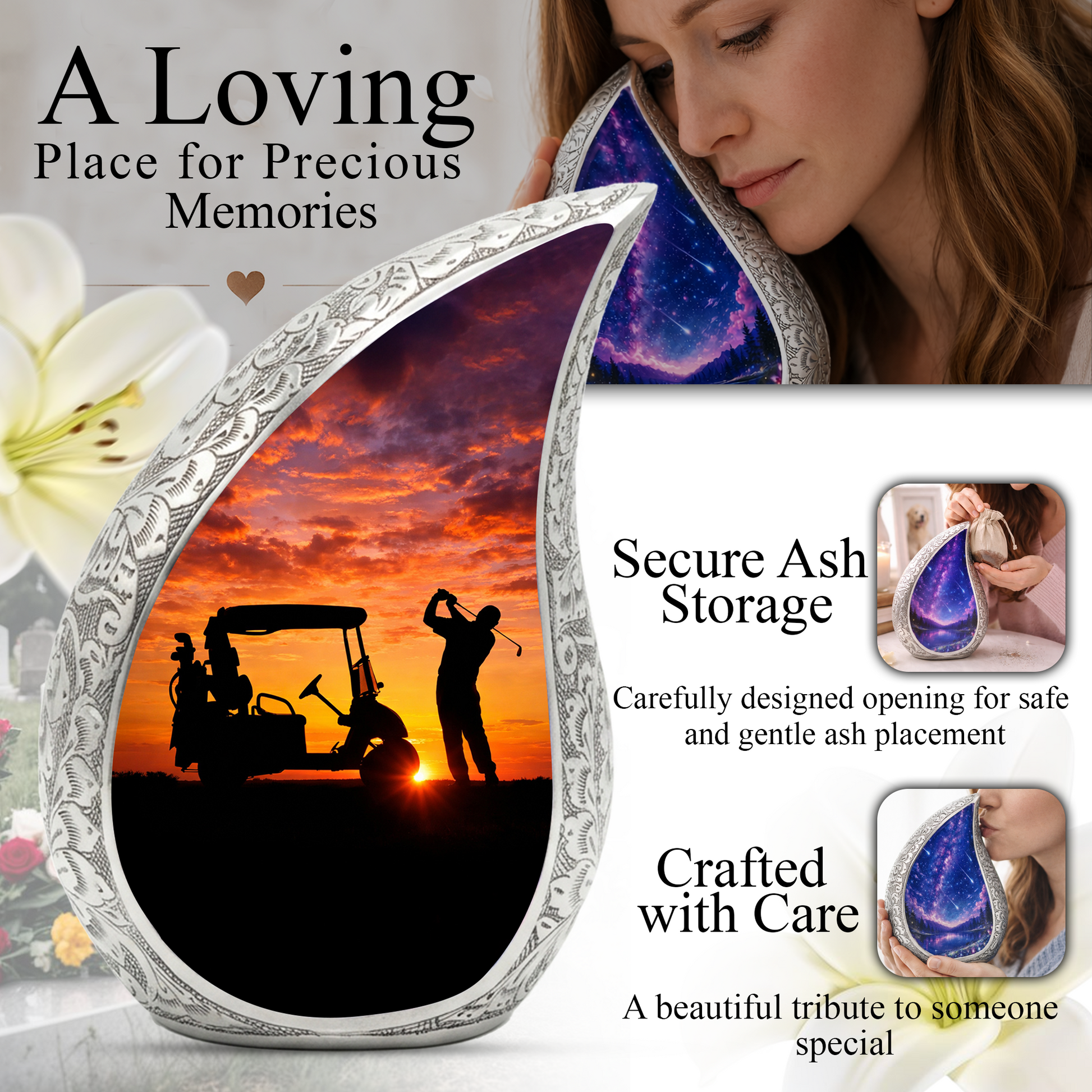 Golf Personalized Cremation Urn – Teardrop Style Aluminum Memorial Urn, 10 Inch