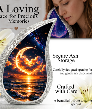 Ocean Sunset Adult Urn for Ashes, Golden Moon Cremation Urn for Human Ashes