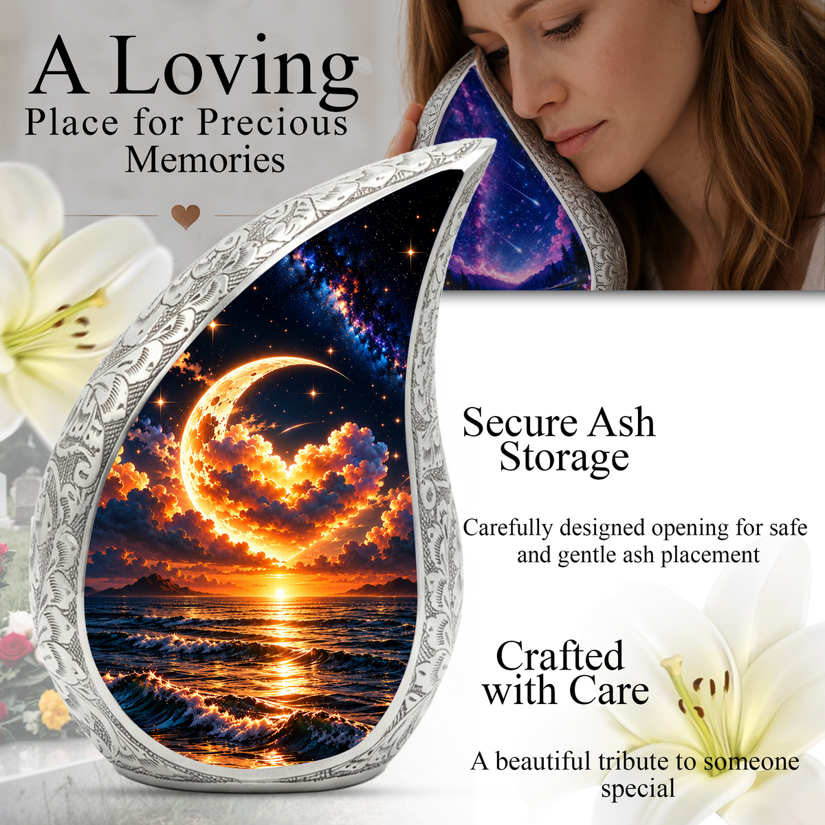 Ocean Sunset Adult Urn for Ashes, Golden Moon Cremation Urn for Human Ashes