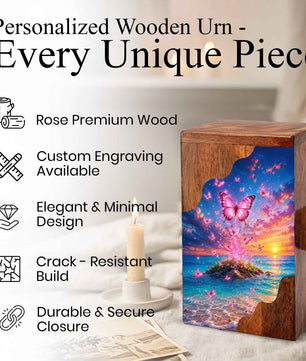 Pink Butterfly Ocean Wooden Cremation Urn – Sunset Memorial Urn for Mom