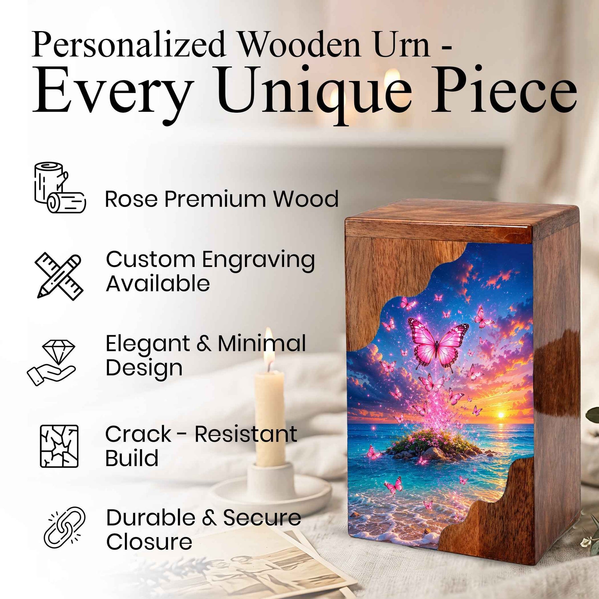 Pink Butterfly Ocean Wooden Cremation Urn – Sunset Memorial Urn for Mom