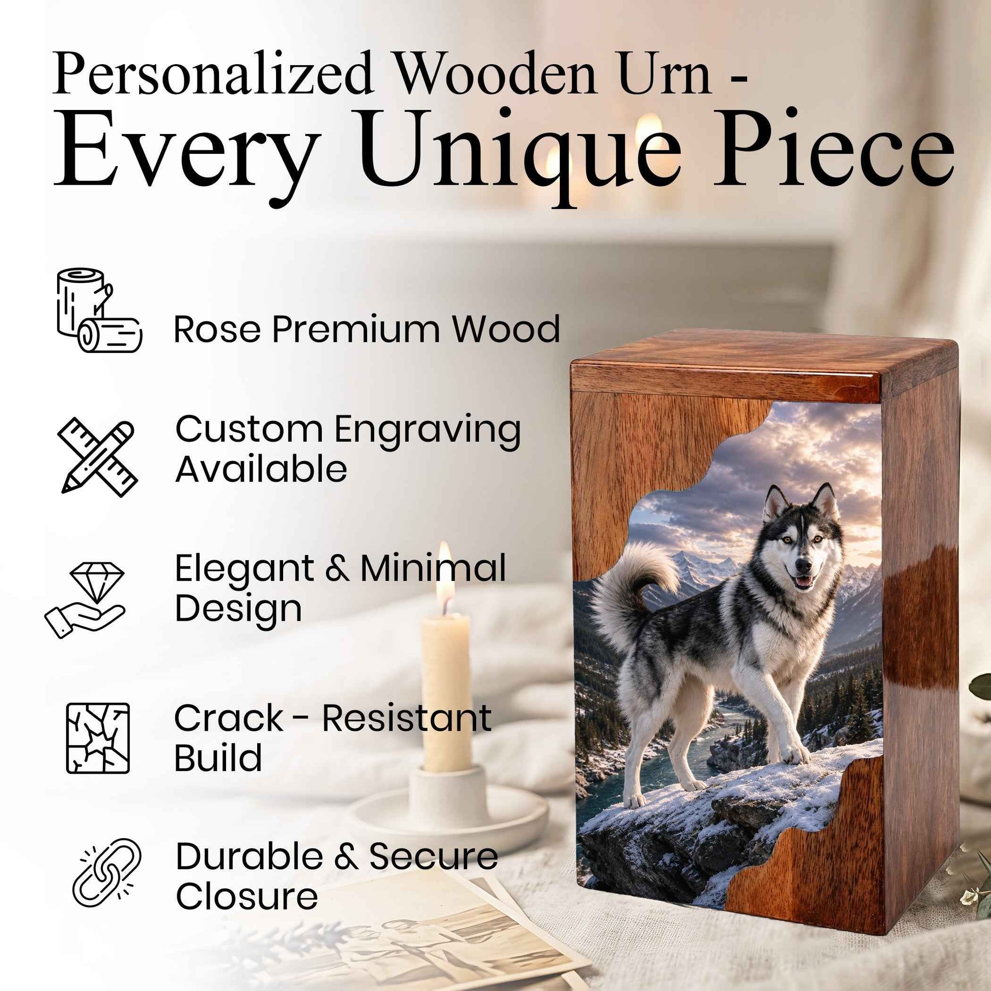 Husky Wooden Cremation Urn – Mountain Memorial Urn