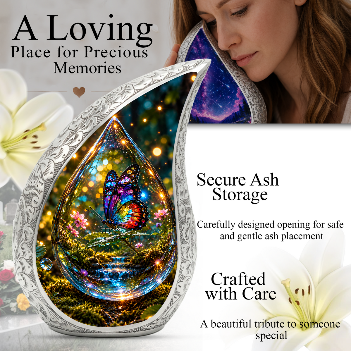 Butterfly Cremation Urn for Adult Ashes, Colorful Glass Butterfly Memorial Urn