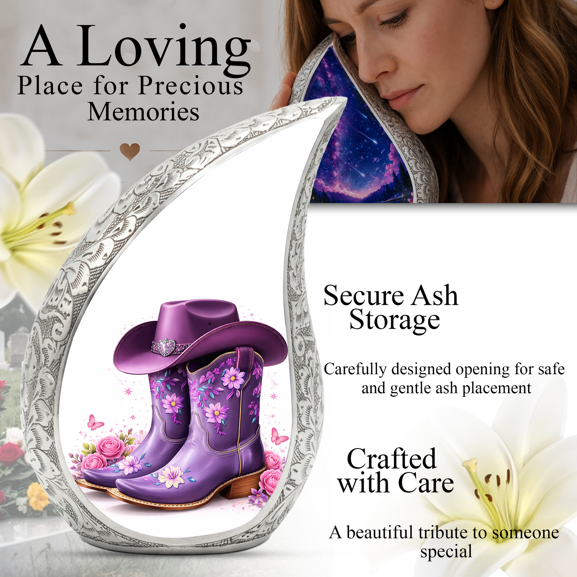Cowgirl Boot with Hat Cremation Urn for Mom - Personalized Western Urns For Female