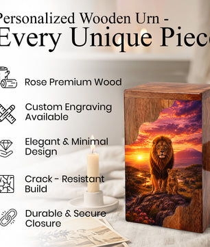 Lion Wooden Cremation Urn – Father Memorial Urn for Ashes | Strength & Legacy Wooden Urn