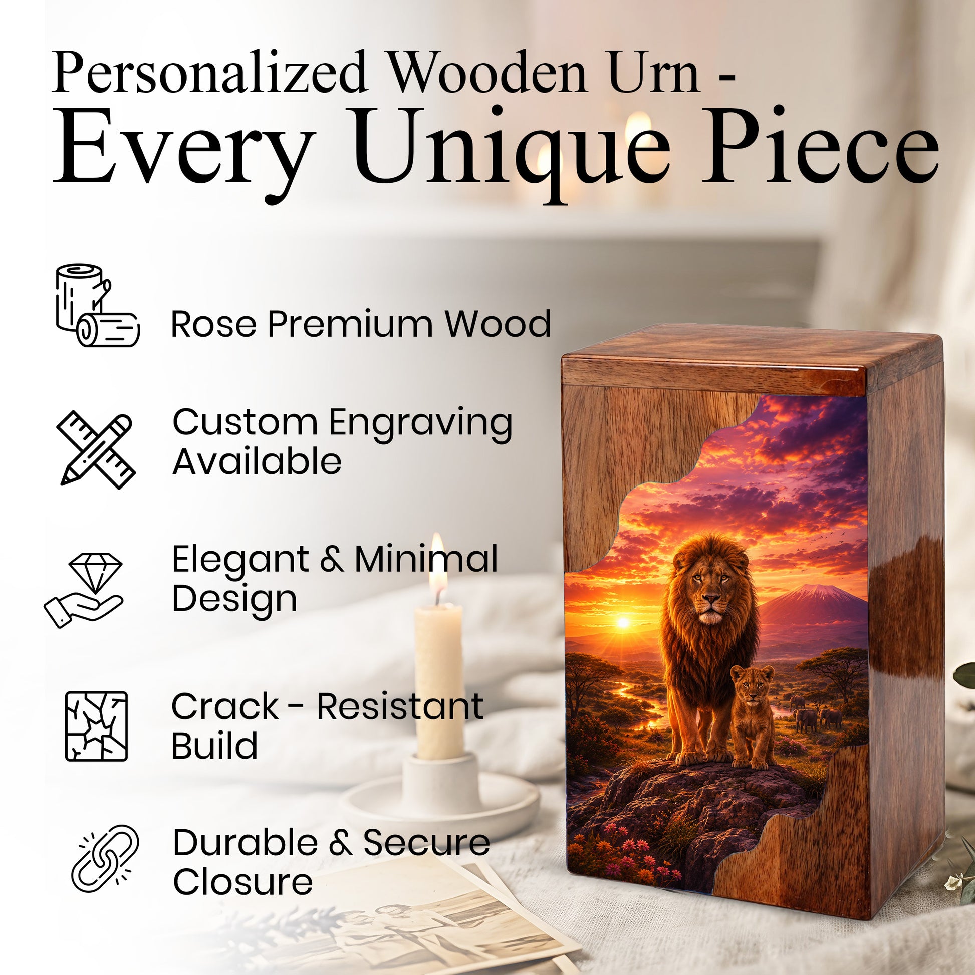 Lion Wooden Cremation Urn – Father Memorial Urn for Ashes | Strength & Legacy Wooden Urn