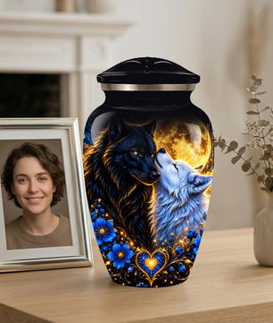 Personalized Wolf Cremation Urn for Ashes, Black and White Wolf Memorial Urn, Blue Floral Adult Urn, Custom Adult Urn