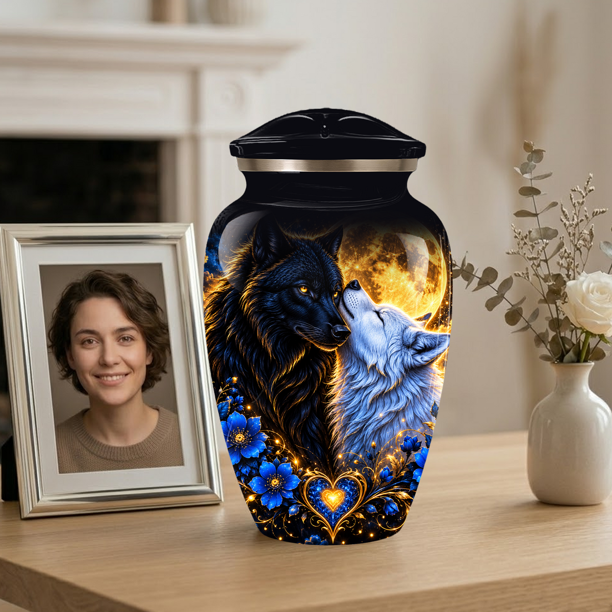 Personalized Wolf Cremation Urn for Ashes, Black and White Wolf Memorial Urn, Blue Floral Adult Urn, Custom Adult Urn