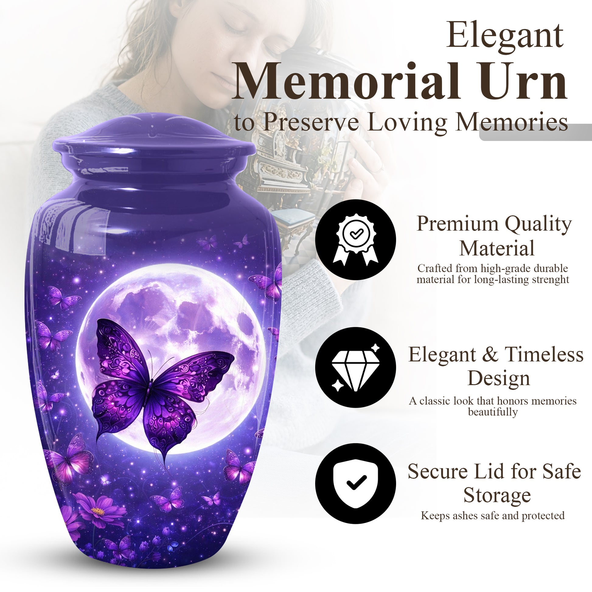 Purple Moon Butterfly Large  Urn for Mom | Butterfly Cremation Urn for Ashes