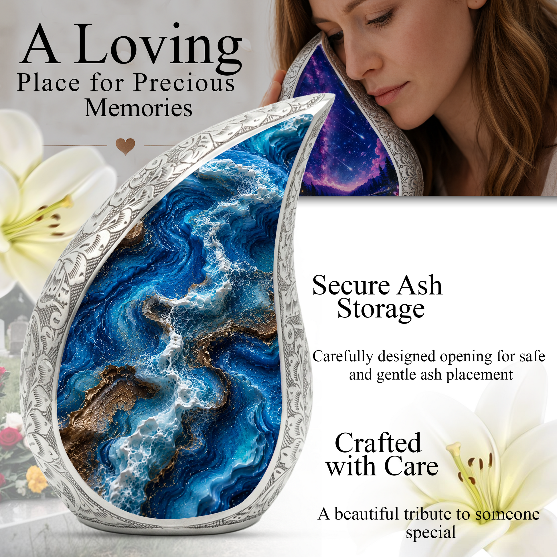 Ocean Wave Urn for Ashes, Adult Cremation Urn for Mom, Beach Memorial Urn
