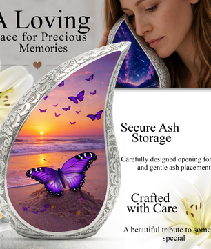 Butterfly Sunset Personalized Cremation Urn – Teardrop Style Aluminum Memorial Urn, 10 Inch