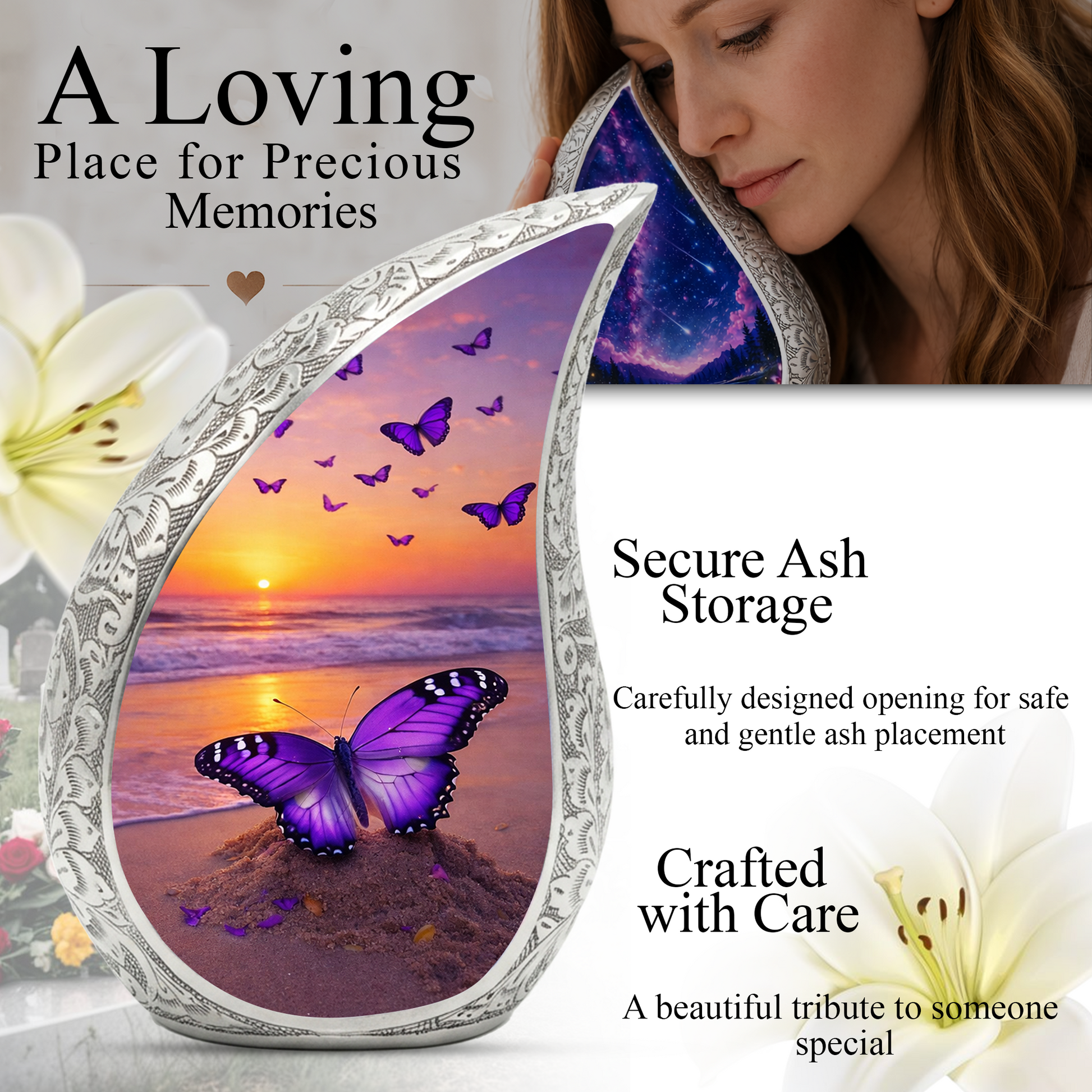 Butterfly Sunset Personalized Cremation Urn – Teardrop Style Aluminum Memorial Urn, 10 Inch