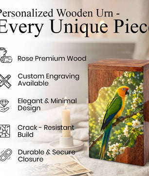 Parrot Wooden Cremation Urn – Personalized Memorial Urn for Human Ashes | Bird Memorial Wooden Urn