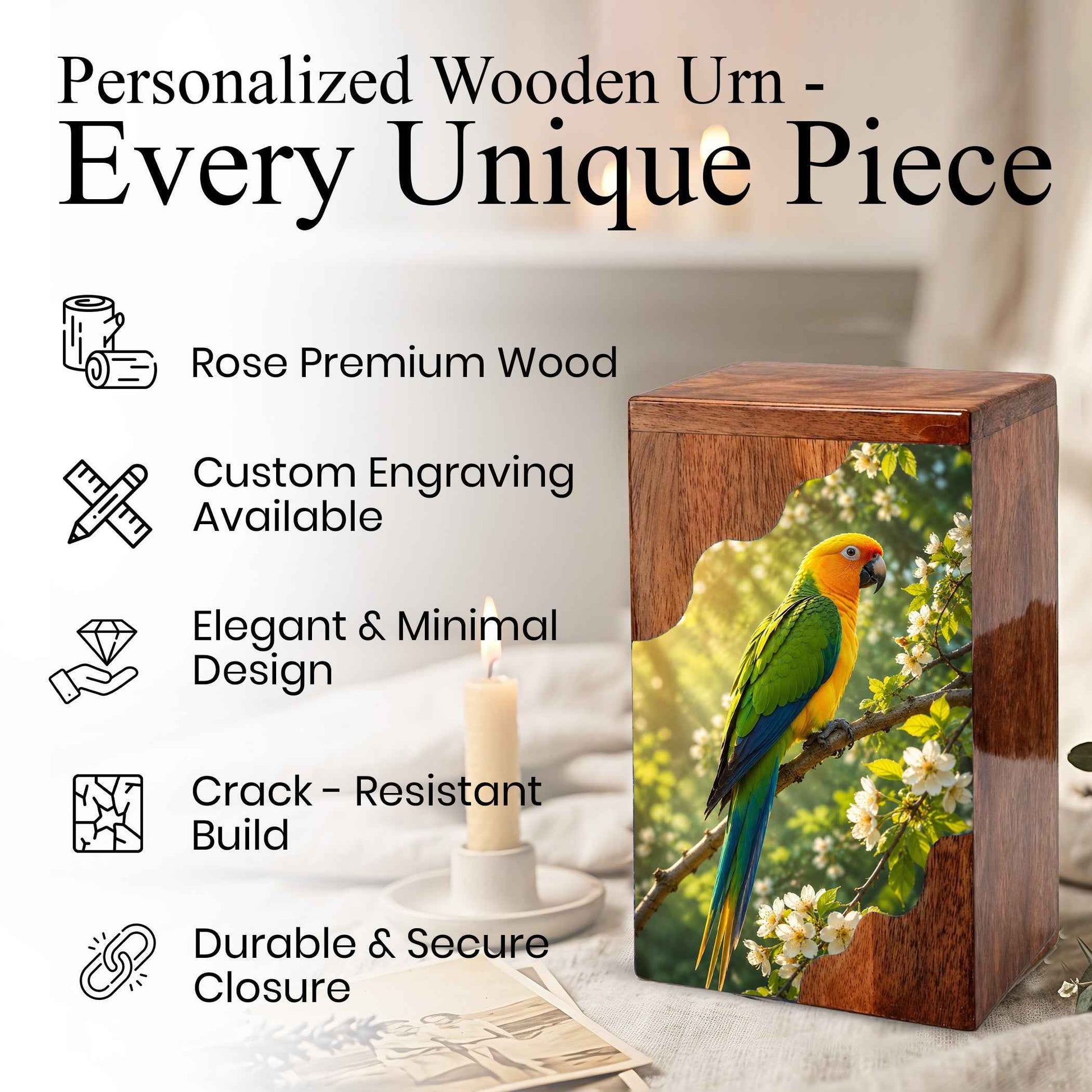 Parrot Wooden Cremation Urn – Personalized Memorial Urn for Human Ashes | Bird Memorial Wooden Urn